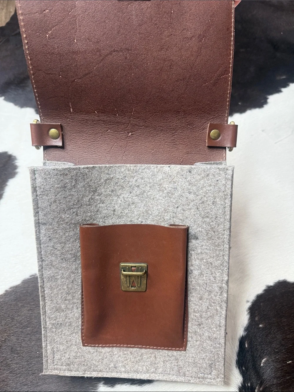 Men's Brown Leather & Gray Felt Messenger Crossbody Bag